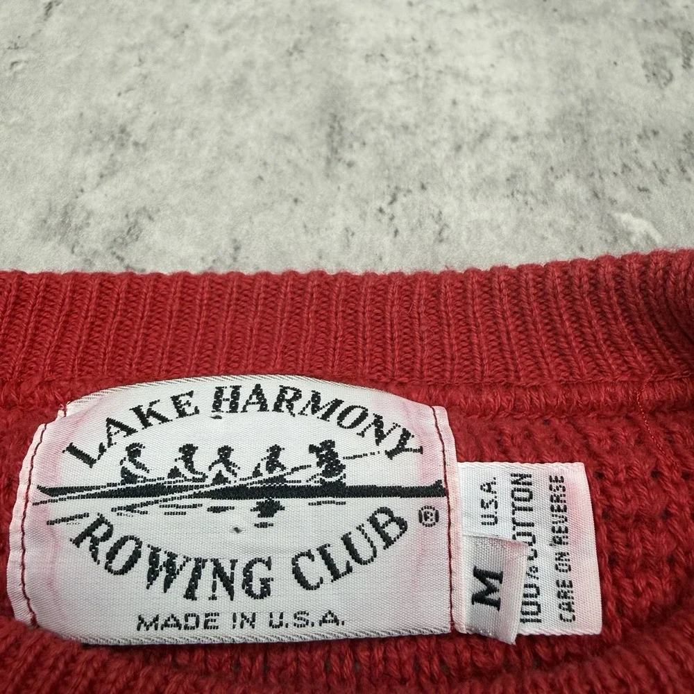 Vintage Lake Harmony Rowing Club Sweater Mens Medium Red Knit Cotton USA 90s